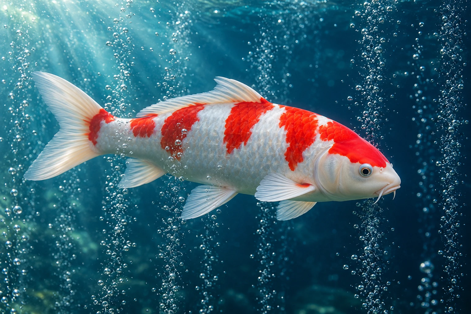 Illustrative image of a red-and-white koi swimming through a curtain of fine air bubbles